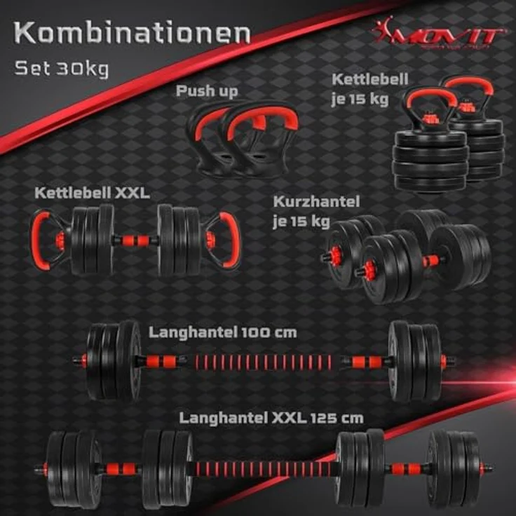 MOVIT 6in1 Hantelset 30 kg rot, Profi Hantel Set mit 2 Kurzhanteln, Kettlebell, Liegestützgriffen und verstellbaren Langhanteln – Bild 5