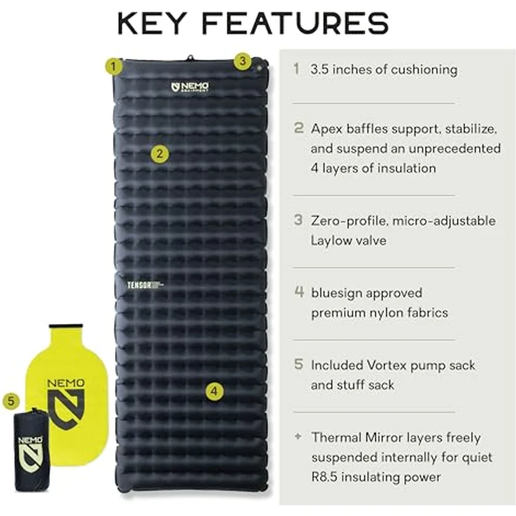 Nemo Equipment Tensor Extreme Conditions, aufblasbare Thermoluftmatratze für extreme Bedingungen, 0,485 kg, robustes Polyamid, 3,5 Zoll Dicke – Bild 2