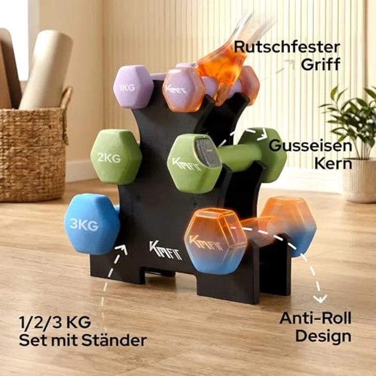 KM Fit Hantelset 12 kg mit Ständer, ergonomische Neopren-Kurzhanteln 1-3 kg aus Gusseisen, rollsicheres Design für Home Gym – Bild 2