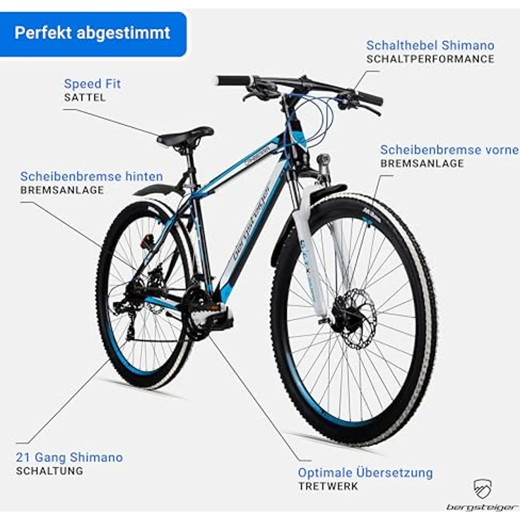 Bergsteiger Canberra 29 Zoll Mountainbike, Aluminium Rahmen, Hardtail MTB mit 21 Gang-Schaltung, Scheibenbremsen, Licht & Schutzblech, Gabel-Federung – Bild 5