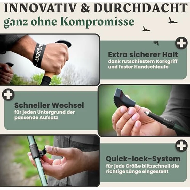 Pinuquest Teleskop Wanderstöcke Aluminium (260g) mit ergonomischem Korkgriff, 4 Aufsätzen für jedes Terrain, für 95-200 cm Körpergröße, grün – Bild 5