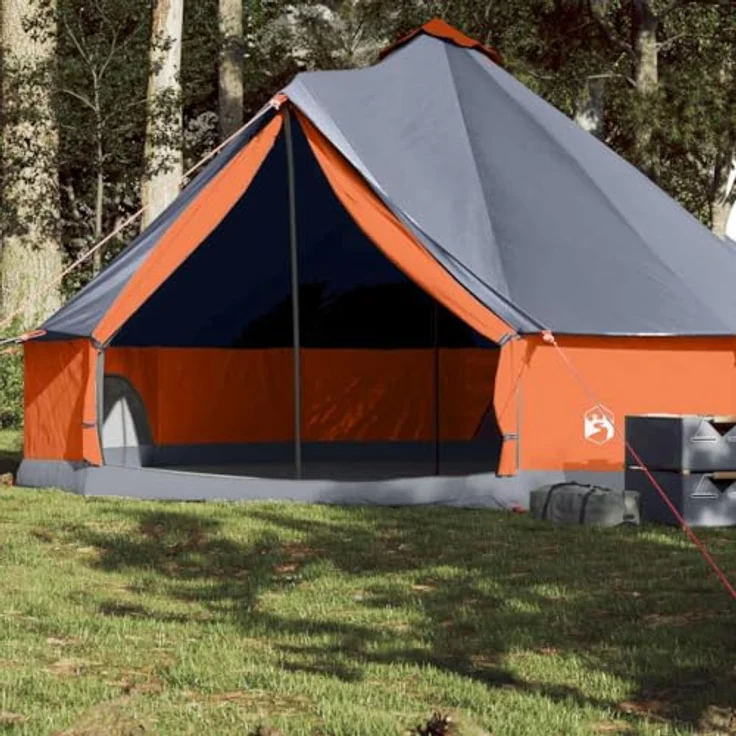 vidaXL Tipi Familienzelt 8 Personen, Campingzelt mit E-Anschluss und Netzwänden, Grau Orange, 185T Polyester – Bild 2