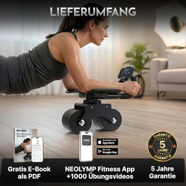 NEOLYMP Bauchroller – Patentierter Bauchtrainer mit Unterarm-Auflagepads, extra breiter Stabilität, 5 Einstellstufen für gerade & seitliche Rollouts, integrierte Handyhalterung – Bild 2