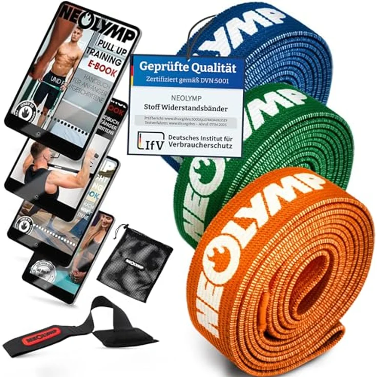 NEOLYMP Fitnessbänder Set Stoff, waschbare Resistance Bands in orange, grün und blau mit E-Book für umfassende Fitnessübungen – Bild 1