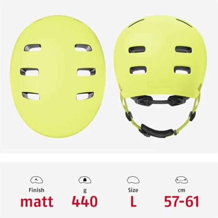ABUS Fahrradhelm XOXO, Cityhelm im Skater-Look mit optimiertem Kinnpolster für Skateboard, Fahrrad und Scooter, Größe L, mono gelb – Bild 3
