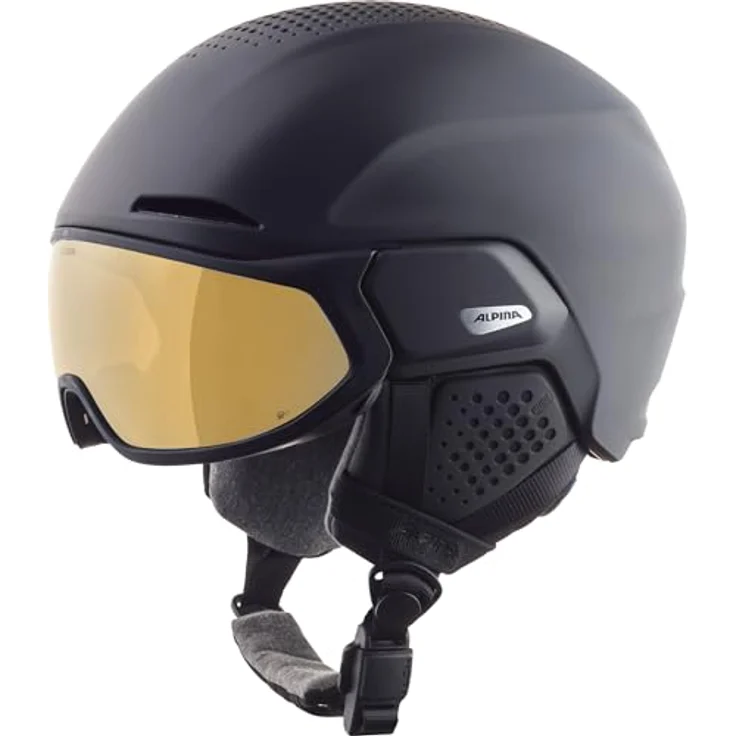 ALPINA Alto Q-LITE Skihelm, stoßabsorbierend & individuell anpassbar, kontrastverstärkendes Visier, Black matt (Gold Mirror), S (51-55 cm) – Bild 1