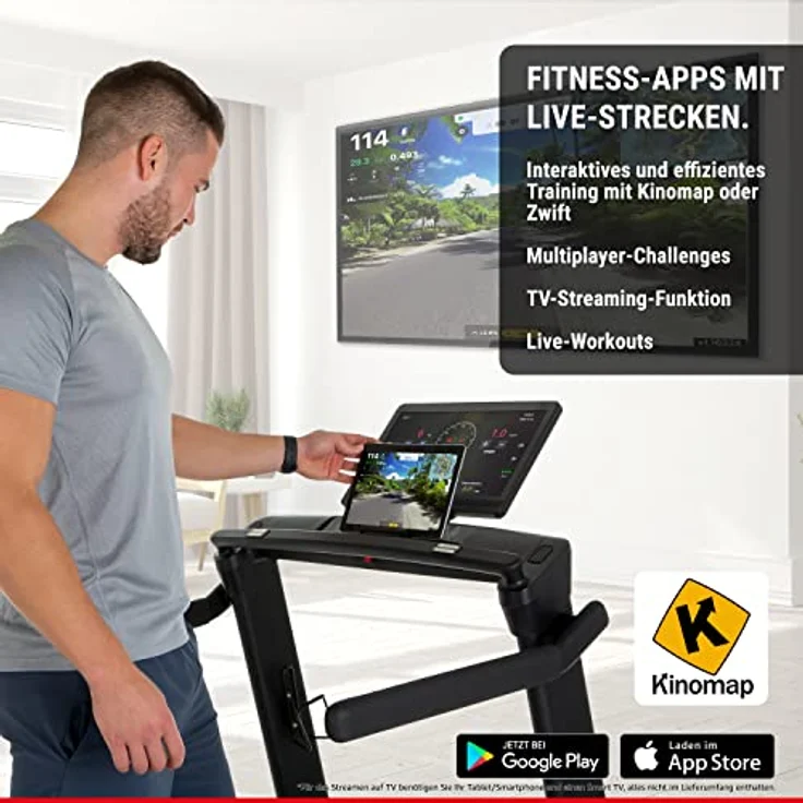 HAMMER Laufband Q. VADIS 10.0, 90% vormontiertes Laufband, senkrechte Klappfunktion, 15,6 Zoll Farb-TFT Touch Screen, App-Steuerung, Kinomap, Zwift, 30 Programme, 7,5 PS, 22 km/h – Bild 3