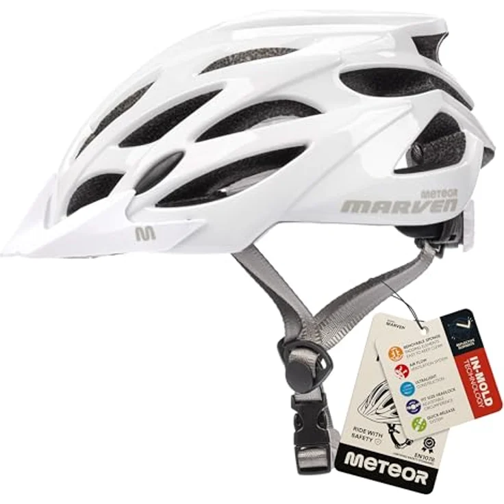 meteor® Marven Fahrradhelm, Shiny White, M (55-58cm), innovatives LUFTDURCHLASS-System, hygienisches Innenleben, PASSFORM-GRÖSSE System, schnellverschluss für sicheren Halt – Bild 1