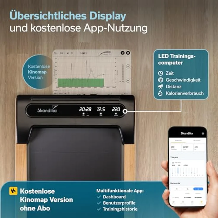 Skandika Walking Pad Nordik K6-H, Laufband für zuhause mit 6 km/h, LED-Display, Fernbedienung und Kinomap, elegantes Design mit Echtholz-Details für Büro und Home Office – Bild 5
