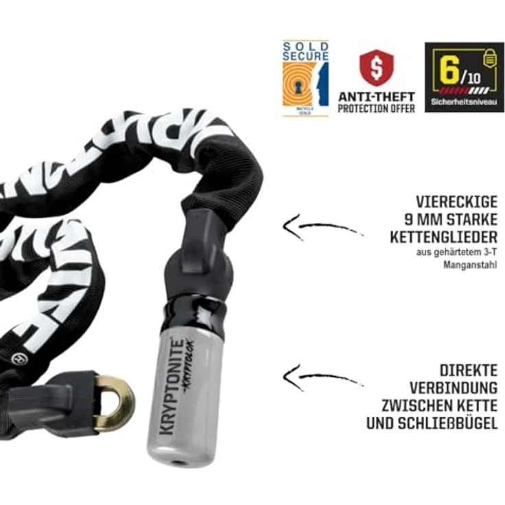 Kryptonite Veloschloss 95 cm, 9 mm dicke Manganstahlkettenglieder mit Hochsicherheitszylinder und Nylonüberzug – Bild 2
