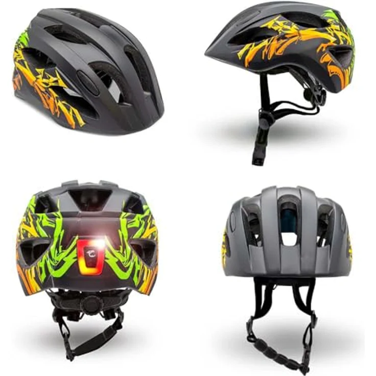 Crazy Safety Kinderfahrradhelm Cool Graffiti, Gelb, für 6-12 Jahre, EN1078 zertifiziert, mit LED-Licht und Belüftung – Bild 2