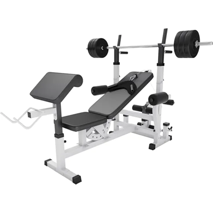 GORILLA SPORTS® Hantelbank mit Gewichten - Multifunktionale Fitnessstation mit 170 cm Hantelstange, 40/70/100 kg Hantelset, Beincurler, Butterfly, Dip-station, Curlpult - Trainingsbank in Schwarz