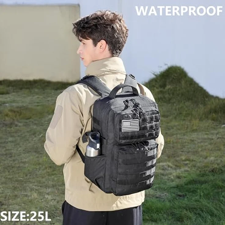 Wotony Militärischer Taktischer Rucksack, Wasserdichter 3-Tage-Assault Pack mit Molle-Tasche und Wasserflaschenhalter, Schwarz, 25L – Bild 3