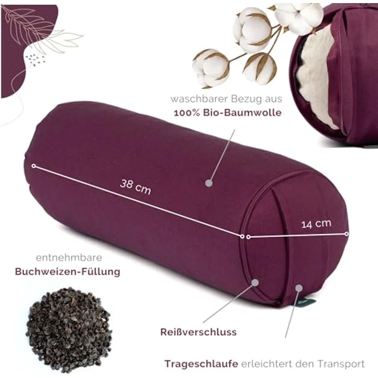 Bodhi Yoga Mini Bolster ECO | Ø 14 cm | 100% Bio-Baumwolle | Nackenrolle mit Buchweizenschalen | Yogabolster mit abnehmbarem und waschbarem Bezug | Yogarolle für Meditation | aubergine – Bild 4