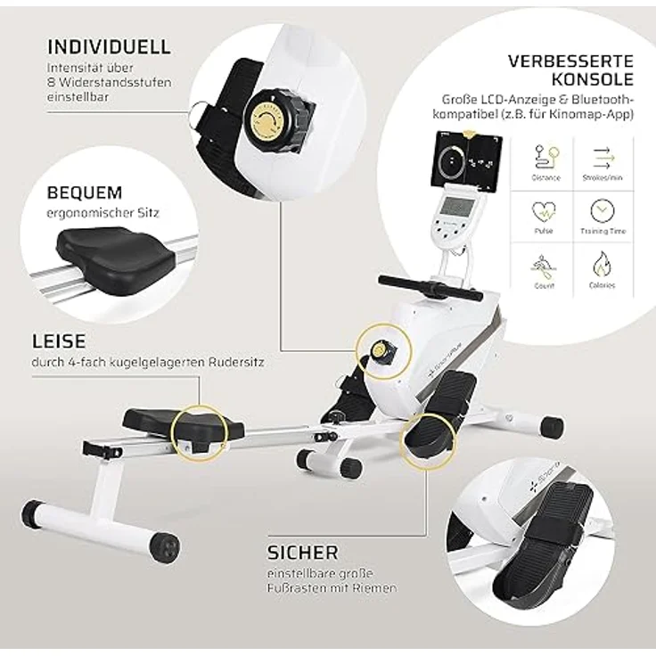 SportPlus Rudergerät für zuhause | Mit oder ohne Bluetooth, klappbar, leises Magnetbremssystem, 8 Widerstandsstufen, Schwungmasse 8kg, kugelgelagerter Rudersitz – Bild 4