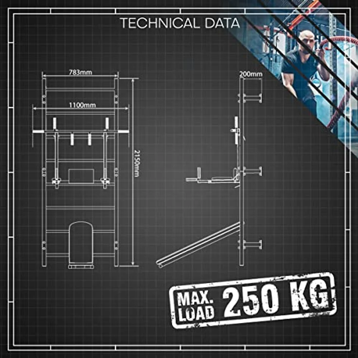 K-Sport: Trainingsset Sprossenwand + Dip Station, Klimmzugstange & Trainingsbank I Kraftstation mit Pull-Up Bar, Dip Stange & Hantelbank, inkl. E-Book – Bild 5