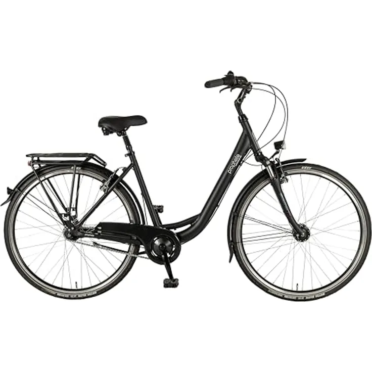 Prophete GENIESSER 500, 28 Zoll Citybike Damen mit Nexus 7 Gang Nabenschaltung, LED Beleuchtung, Nabendynamo, Rücktrittbremse und V-Bremse, Alu 50 cm, gefederte Suntour Gabel, schwarz