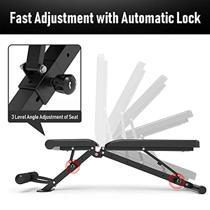 leikefitness Verstellbare Hantelbank, faltbare Trainingsbank mit automatischer Verriegelung für aufrechte Neigung und flache Ganzkörperübungen (GM58101 (schwarz) – Bild 4