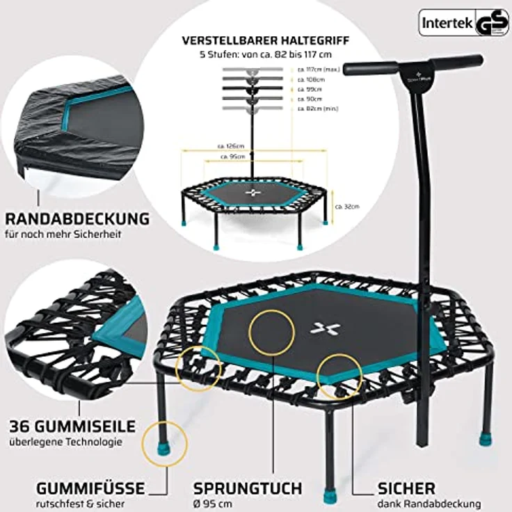 SportPlus Fitness Trampolin für zuhause, mit Haltestange (5-Fach höhenverstellbar), weiche Gummiseilfederung, sehr leise & bis 130 kg belastbar – Bild 5