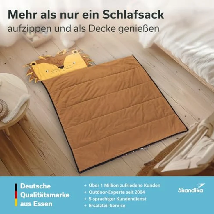 SKANDIKA Kinderschlafsack Soti, Camping Schlafsack für Kinder bis 150 cm, buntes Design Löwe, Baumwolle, maschinenwaschbar, Komfort-Temperaturen 13 °C bis 3 °C – Bild 7
