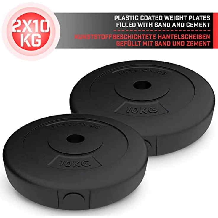 Physionics® Hantelscheiben - 2 x 2,5/5/10/15 kg, Ø 31 mm, Kunststoff, Schwarz - Gewichtsscheiben Set Gewichte für Hantel/Langhatel/Kurzhantel (2 x 10 kg) – Bild 2