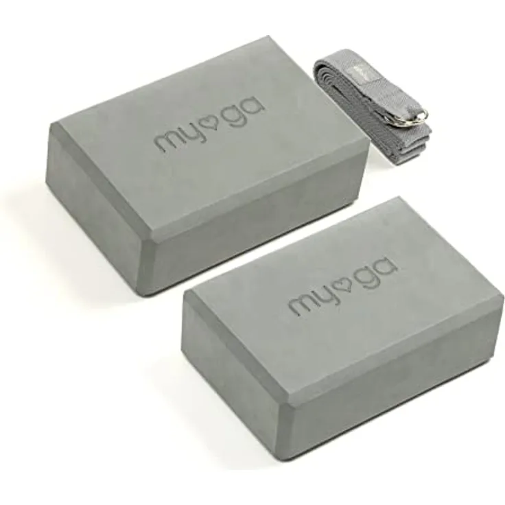 Myga Yoga Zubehör Set, 2 Rutschfeste Yoga Blöcke & Verstellbarer Yoga Gurt, grau, Optimaler Support für Anfänger & Fortgeschrittene, Leicht & Tragbar