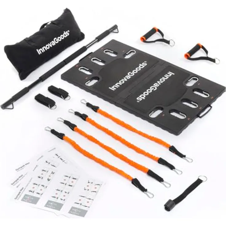 InnovaGoods - Gympak Max Tragbares Trainingssystem, Verstellbare Widerstandsbänder bis 70kg, Zusammenklappbar, Schwarz, Naturkautschuk