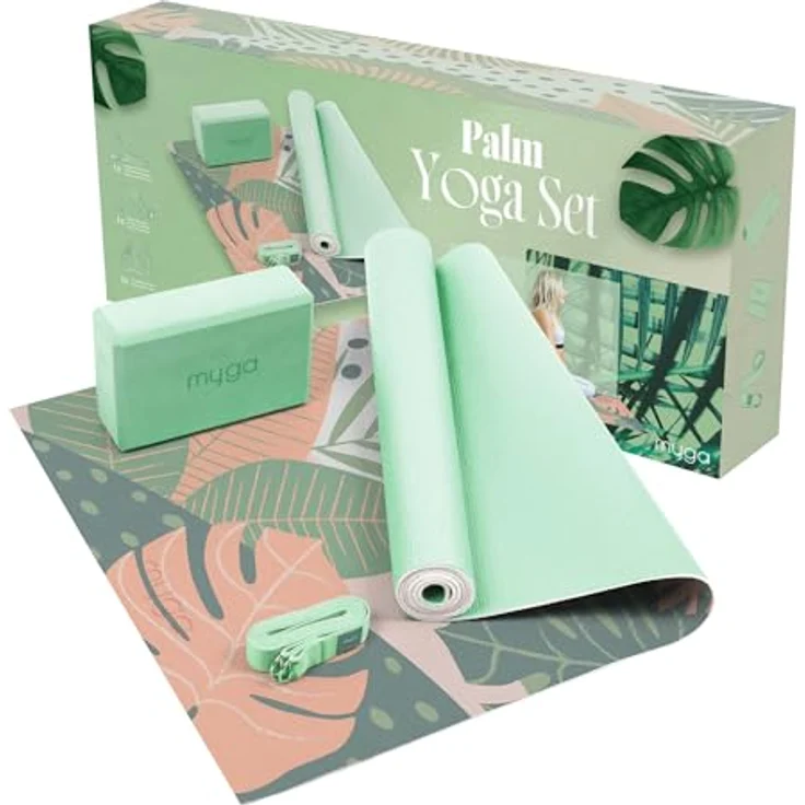 Myga Yoga Starter Kit, Komplettes Set mit rutschfester Yogamatte, Yogablock & Gurt, ideal für Anfänger, Palmen Design – Bild 1