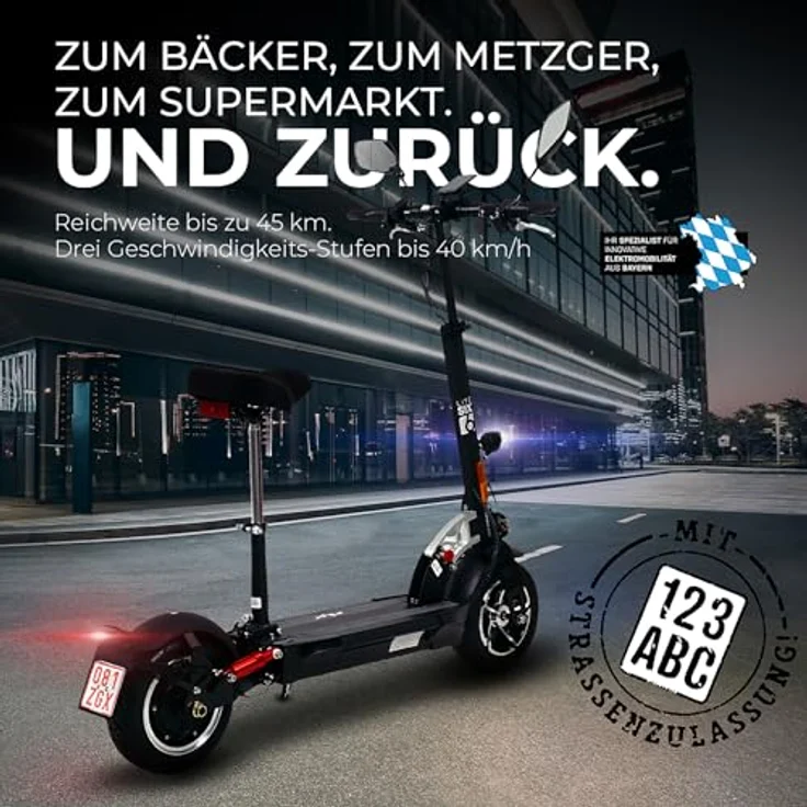 eFlux Lite Six, E-Scooter mit Straßenzulassung, 1000 Watt Motor, 48V 15,6Ah Lithium-Ionen-Akku, 45 km Reichweite, mit Sitz, 3 Geschwindigkeiten, Transportsperre – Bild 4