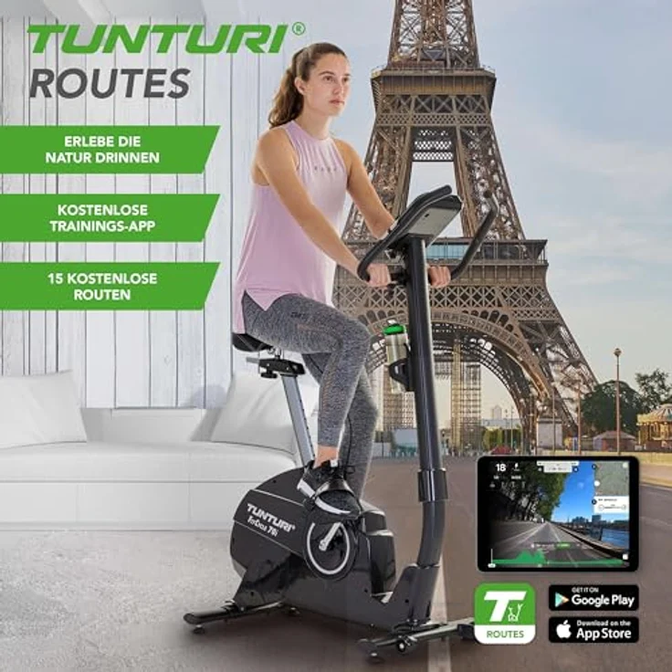 Tunturi FitCycle 70i Heimtrainer - Fitnessrad für zu Hause mit 32 Widerstandsstufen - Ergometer mit 20 Programmen - 150 kg Benutzergewicht - Tablet-Halterung und Transportrollen (Schwarz) – Bild 3