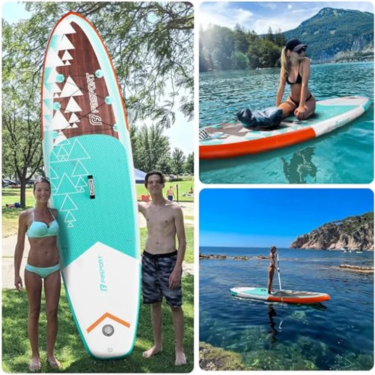 FBSPORT Aufblasbares SUP Board, Stand Up Paddling Board 15CM dick, mit verstellbarem Aluminium SUP Paddel und Pumpe, braun-teal – Bild 5