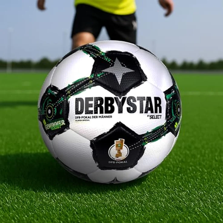 Derbystar DFB-Pokal Fußball Player Special, Größe 5 mit PU-Diamantstruktur, unaufgeblasen in Schwarz-Weiß mit grünen Akzenten, offizielles Lizenzprodukt – Bild 5