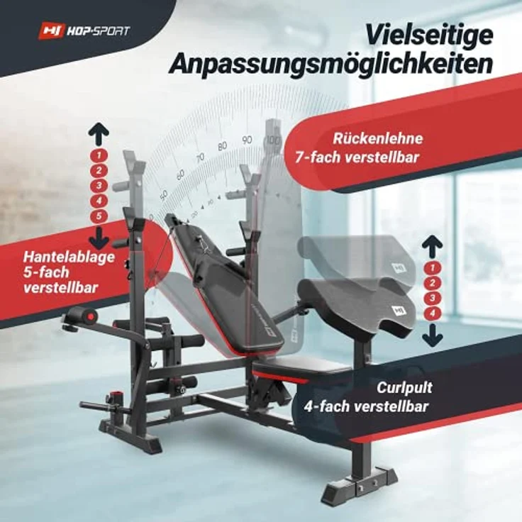 HS HOP-SPORT Hantelbank Kraftstation HS-1075 mit 135kg Hantelset und Latzug, Stahlrahmenkonstruktion, Schwarz – Bild 2