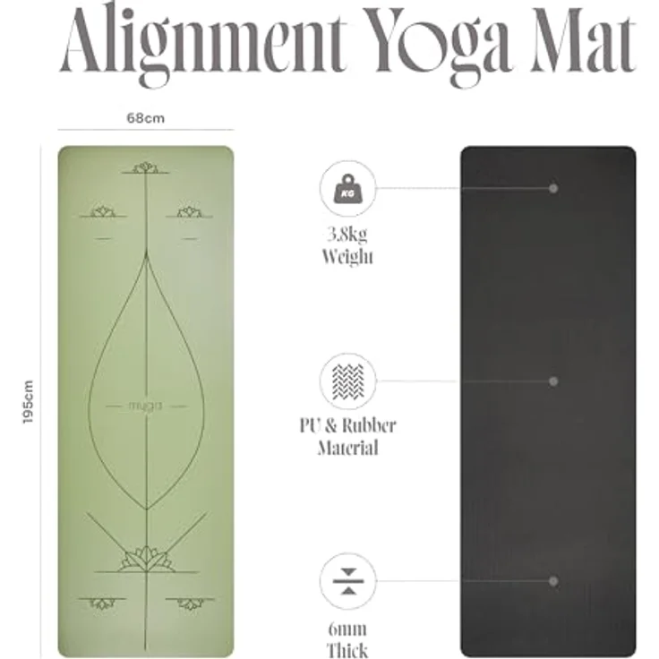 Myga XL Ausrichtungs-Yogamatte mit Eingezeichneten Körperausrichtungslinien, 6 mm Dicke, Rutschfeste Polsterung, 195 x 68 cm – Bild 2
