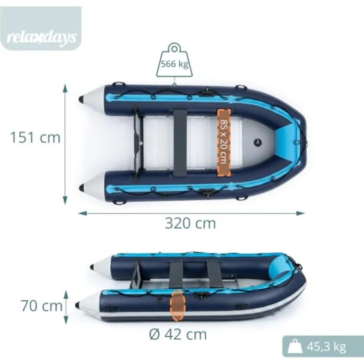 relaxdays Schlauchboot 3,20 M für 4 Personen, robustes PVC, mit Aluminiumboden und stabilen Luftkammern, blau/weiß – Bild 4