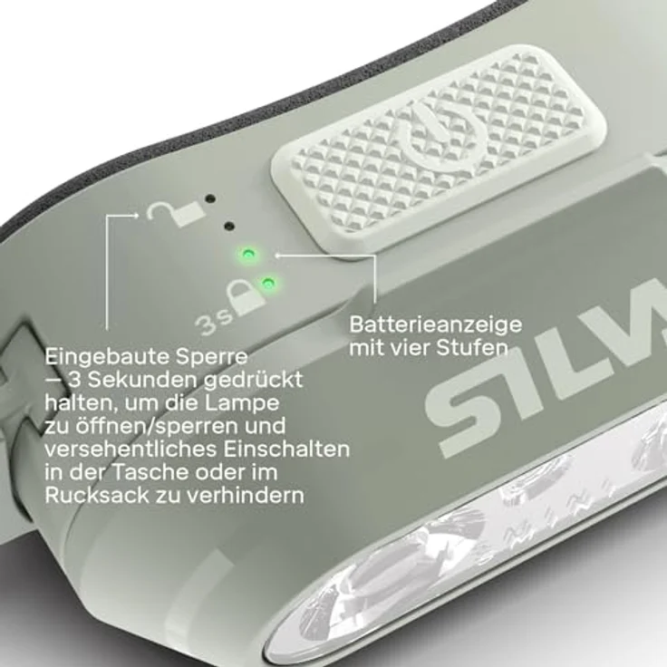 Silva Smini Fly Stirnlampe LED, wiederaufladbar über USB-C, 250 Lumen, weiß & rot, 3 Helligkeitsstufen, IPX5 wasserfest, mit Batterieanzeige, Gewicht 38 Gramm – Bild 3