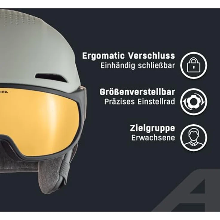 ALPINA Alto Q-LITE, Skihelm für Erwachsene, sicherer und stoßabsorbierender Visierhelm mit kontrastverstärkendem Visier - Moon-Grey matt (Gold Mirror), M (55-59 cm) – Bild 3