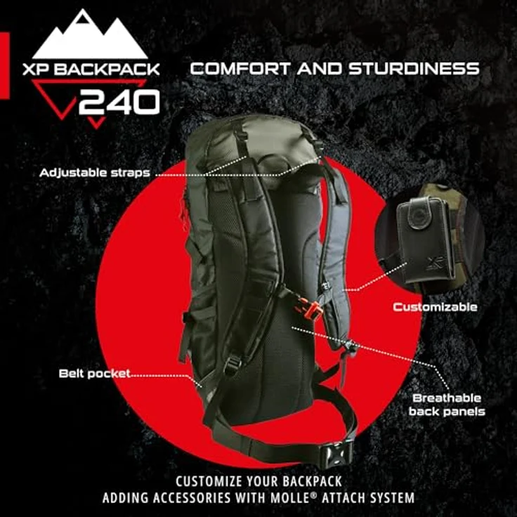 XP Metal Detectors Rucksack 240, leichter und robuster Wanderrucksack für Metalldetektoren, 31 Liter, grün mit geometrischem Muster, ergonomisch und praktisch mit über 8 Taschen und Fächern – Bild 2