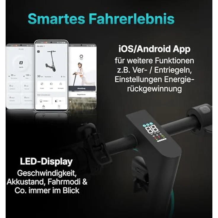 Odys Phi X30, E-Scooter mit Straßenzulassung, max. 20 km/h, 35 km Reichweite, 15% Steigung, 10" Luftreifen, Federung, Display & App – Bild 5