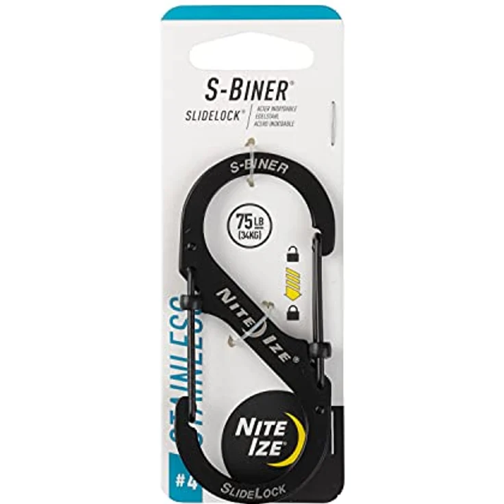 Nite Ize Karabiner S-Biner SlideLock GR 4, extra-sicherer Edelstahl, schwarz, zulässiges Gesamtgewicht 34 kg – Bild 1
