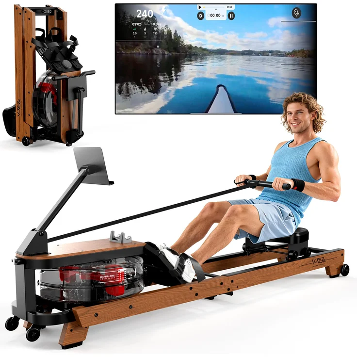 VOWVIT Holz-Rudergerät Eiche, klappbar, mit Wasserruder und Tablet-Halterung, bis 180 kg belastbar, App-kompatibel