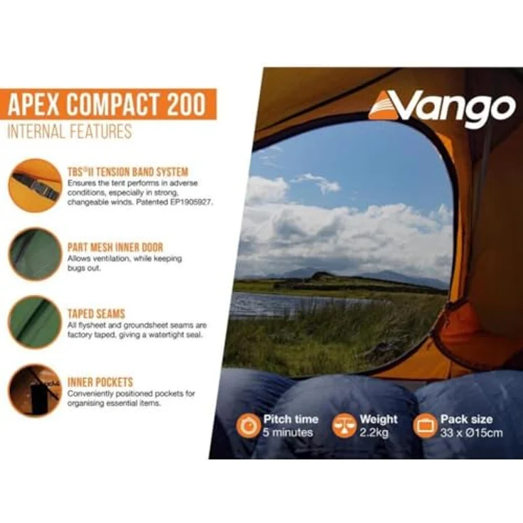 Vango Apex Compact 200 Zelt, Tunnelzelt für 2 Personen, leicht, wasserfest, Forest Green (2025) – Bild 2