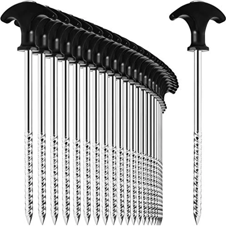 com-four® 24x Zelt-Heringe, robuste Erdnägel aus Stahl mit Gewinde, T-Griff, ideal für normalen und harten Boden, silberfarben/ schwarz – Bild 1