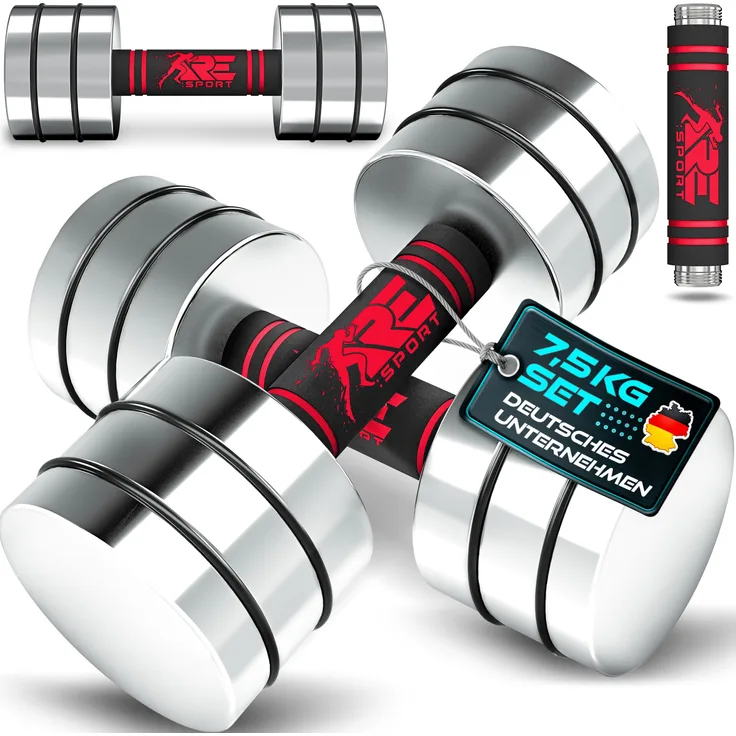 RE:SPORT® 2er Hanteln Set, massivem Stahl, rot, 2 x 7,5kg, mit Schaumstoffgriff für Fitness und Krafttraining