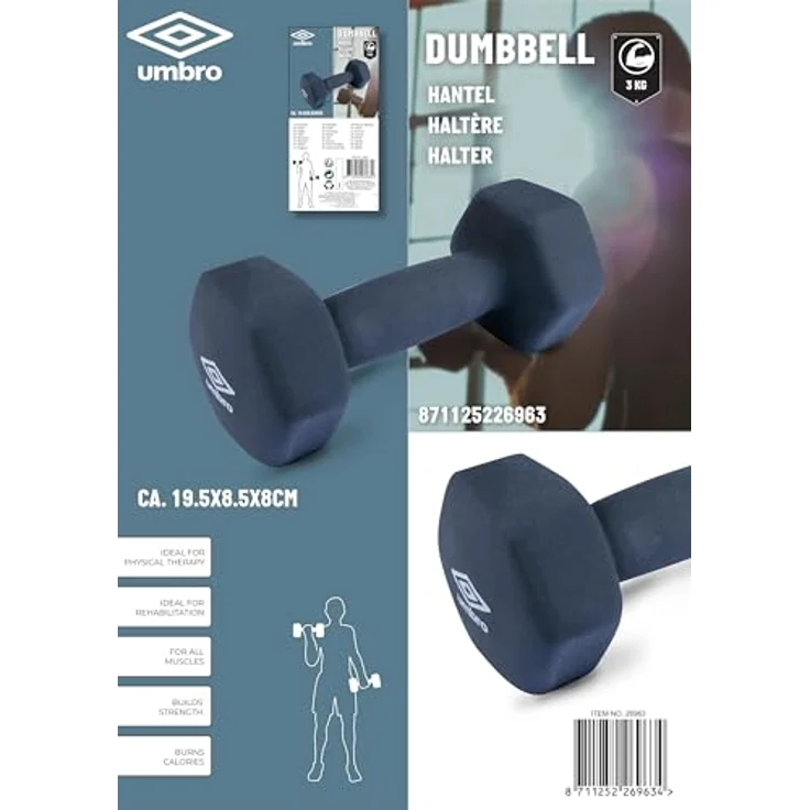 Umbro Hantel 3 KG, Ergonomische Gummi/Vinyl-Hantel in Blau für Kraft- und Cardio-Training, Schlag- und Kratzfest, Ideal für Anfänger und Senioren – Bild 3