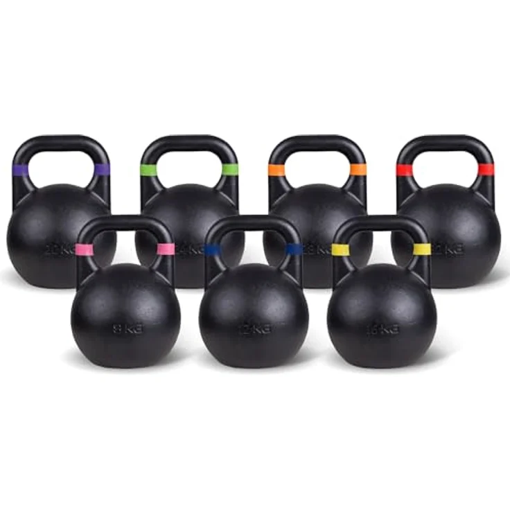 Sport-Thieme Kettlebell Competition, Profi Wettkampf Kugelhantel aus pulverbeschichtetem Stahl, 8-32 kg in 7 farblich markierten Gewichtsklassen, einheitliche Größe 21x21x28 cm – Bild 1
