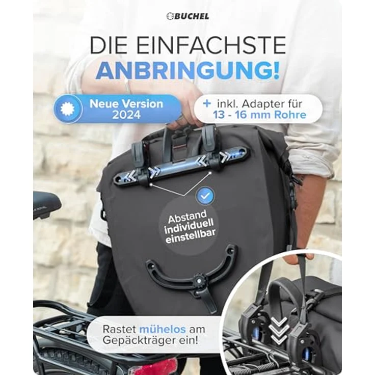 Büchel 14L Fahrradtaschen Gepäckträger 2er-Set, 100% wasserdicht mit Reflektoren, Schultergurt & Tragegriff, schwarz – Bild 5