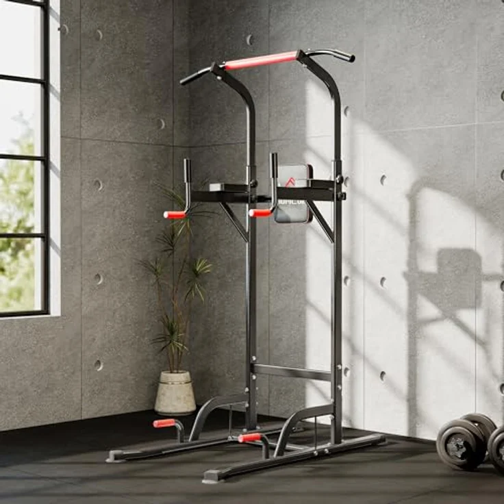 HOMCOM Power Tower, höhenverstellbare Dip Station mit Klimmzugstange und 4 Saugnäpfen, Schwarz-Rot, max. 120 kg belastbar – Bild 9