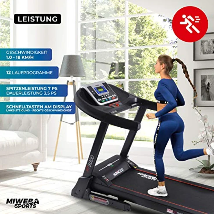 Miweba Sports elektrisches Laufband HT5000 - Incline bis 15% - Große Lauffläche – 3,5 PS - 18 km/h - 12 Laufprogramme - Innovatives Dämpfungssystem – Klappbar (Schwarz) – Bild 5
