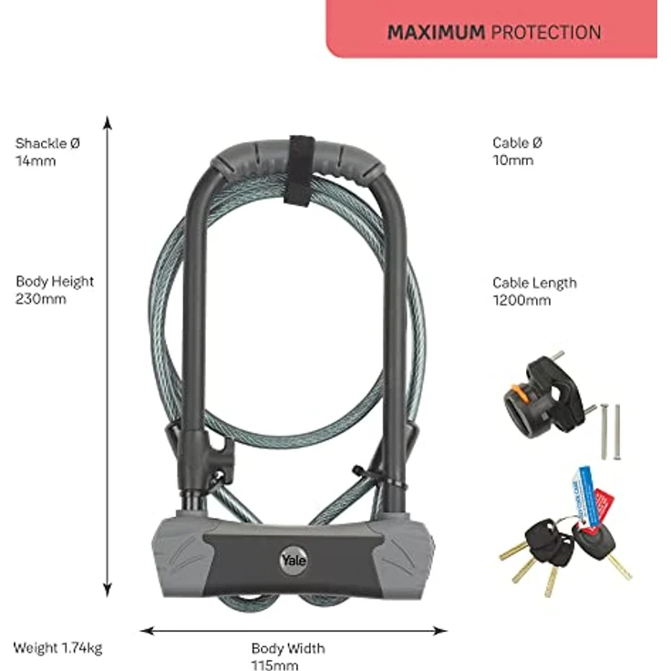 Yale Veloschloss, 120 cm Bügelschloss mit Sicherheitskabel und maximaler Schutzklasse – Bild 4